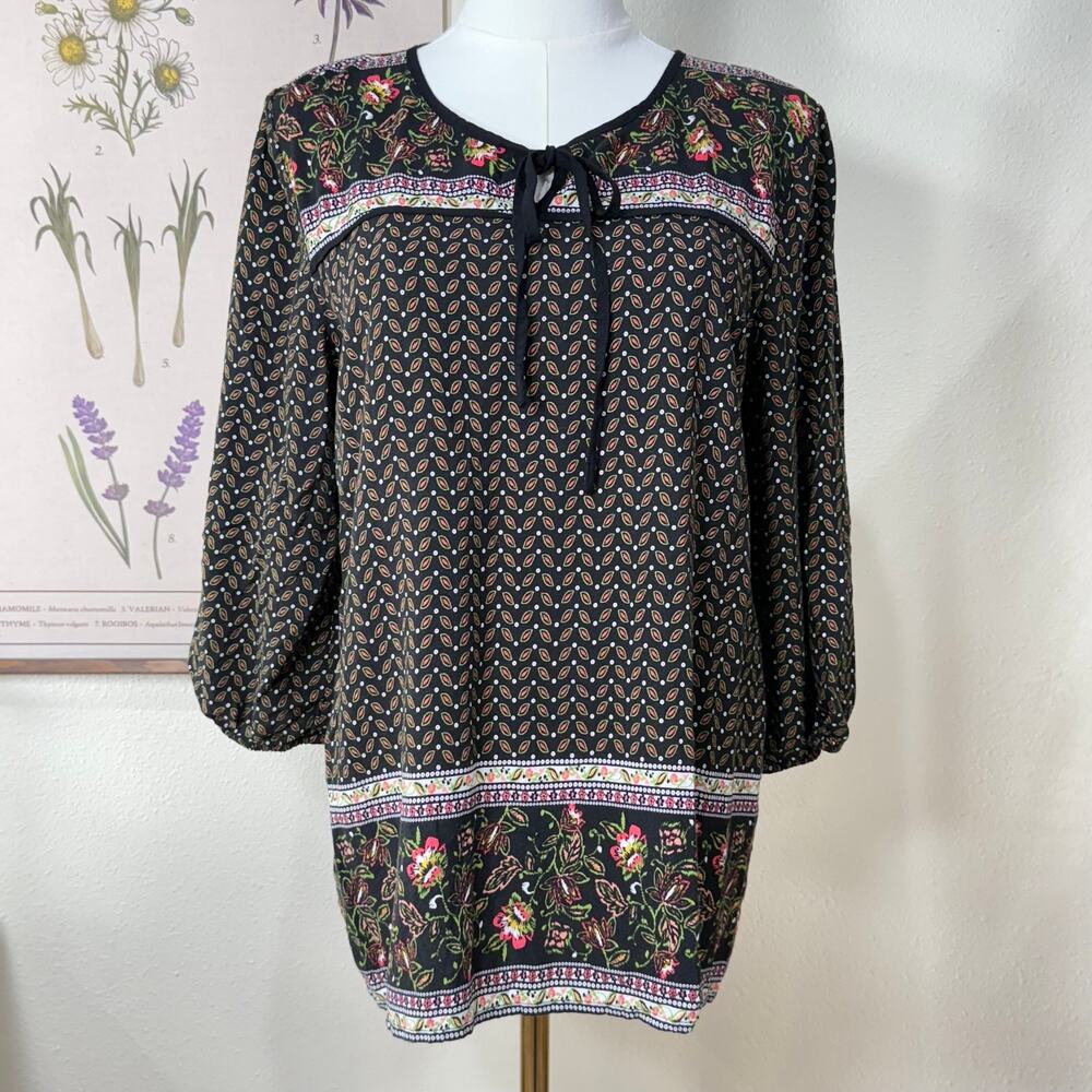 Y2k Black Print Floral Peasant Tunic Top Boho Hippie Fairy Whimsigoth Bohemian L